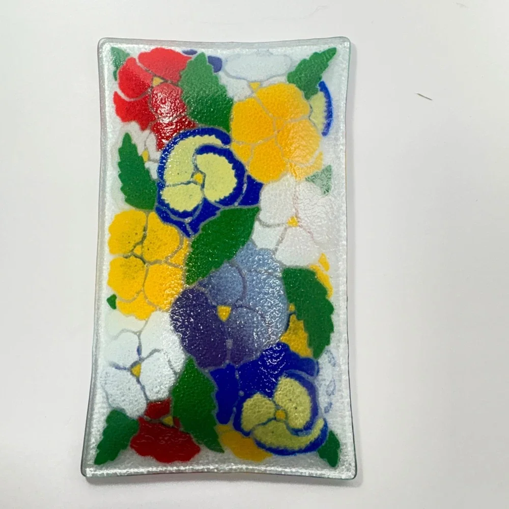 Peggy Karr‎ Fused Art Glass Rectangular Pansies Tray 10 x 6 in Retired